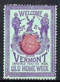 Cinderella - United States 1901 Vermont Old Home Week, perf label #6 in red & blue on green very fine with full gum, stamps on cinderella, stamps on hunting, stamps on fishing, stamps on deer