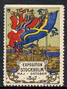 Cinderella - Sweden 1897 Exhibition, Stockholm perf label (perf on 3 sides) very fine with full gum, stamps on cinderella, stamps on exhibitions, stamps on flags