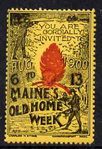 Cinderella - United States 1900 Maines Old Home Week, perf label #2 in red & black on yellow very fine with full gum, stamps on cinderella, stamps on hunting, stamps on fishing, stamps on deer, stamps on shooting