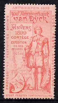 Cinderella - Belgium 1899 Van Dyck 300th Anniversary Exhibition, Antwerp, perf label #3 in red on pink, fine with full gum, stamps on cinderella, stamps on exhibitions, stamps on personalities, stamps on arts, stamps on 