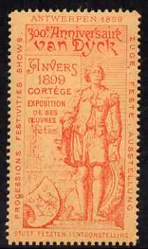 Cinderella - Belgium 1899 Van Dyck 300th Anniversary Exhibition, Antwerp, perf label #4 in red on salmon, fine with full gum, stamps on cinderella, stamps on exhibitions, stamps on personalities, stamps on arts, stamps on 