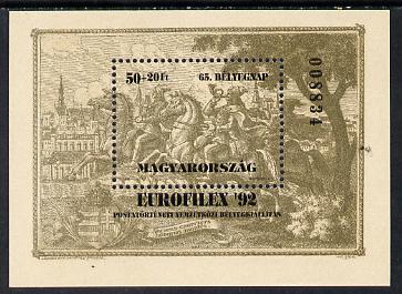 Hungary 1992 Europhilex 92 m/sheet (Engraving) pale olive-brown shade, Mi BL 221(1) , stamps on arts, stamps on postal, stamps on stamp exhibitions, stamps on engravings, stamps on posthorn