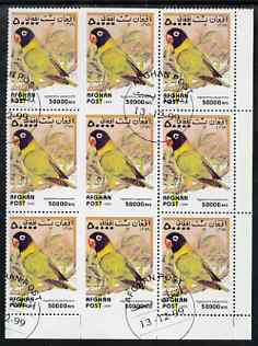 Afghanistan 1999 Love Birds (Agapornis personata) fine corner block of 9, centre three stamps imperf on three sides due to perf jump, fine cto used, stamps on birds