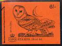 Great Britain 1968-70 Birds - Barn Owl (red cover Feb 1969) 6s booklet complete and fine, SG QP46, stamps on , stamps on  stamps on birds, stamps on  stamps on owls, stamps on  stamps on birds of prey, stamps on  stamps on disasters, stamps on  stamps on 