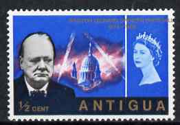 Antigua 1966 Churchill Commem 1/2c with superb 15mm shift of gold resulting in value at left & country name at right, plus the top inscription also shifted to right, unmounted mint., stamps on churchill, stamps on personalities, stamps on london, stamps on cathedrals