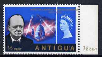 Antigua 1966 Churchill Commem 1/2c marginal single from right of sheet with superb 15mm shift of gold resulting in value at left & country name at right (plus the top inscription also shifted to right) with additional value in margin, unmounted mint.  Listed in 1985 Elizabethan as SG 170Eb and cat at \A3140, stamps on churchill, stamps on personalities, stamps on london, stamps on cathedrals
