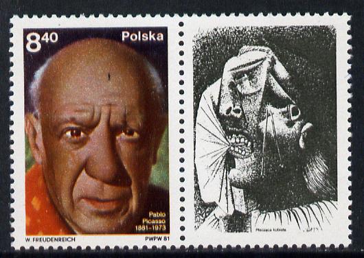 Poland 1981 Picasso (portrait se-tenant with label) unmounted mint SG 2719, stamps on arts    personalities    picasso