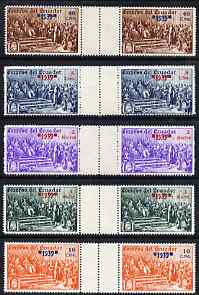 Ecuador 1939 the unissued rectangular Columbus set of 5 values optd 1939 in inter-paneau horizontal gutter pairs, unmounted but slight signs of ageing on gum, stamps on columbus, stamps on explorers, stamps on personalities