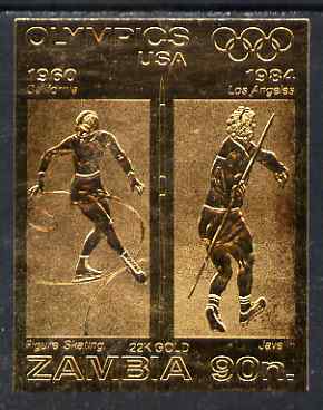Zambia 1984 Los Angeles Olympic Games 90n imperf embossed in 22k gold foil showing Figure Skating & Javelin unmounted mint, stamps on olympics, stamps on skating, stamps on javelin
