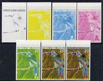 Equatorial Guinea 1974 South American Birds 20P Toucan, the set of 7 imperf progressive proofs comprising the 4 individual colours, plus 2, 3 and all 4-colour composites,..., stamps on birds, stamps on toucan