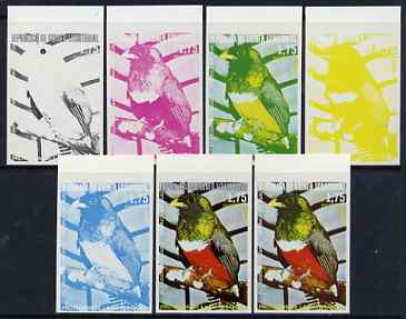 Equatorial Guinea 1974 South American Birds 1P75 Collared Trogon, the set of 7 imperf progressive proofs comprising the 4 individual colours, plus 2, 3 and all 4-colour c..., stamps on birds, stamps on 