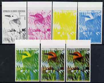 Equatorial Guinea 1974 South American Birds 1P25 Motmot, the set of 7 imperf progressive proofs comprising the 4 individual colours, plus 2, 3 and all 4-colour composites..., stamps on birds, stamps on 