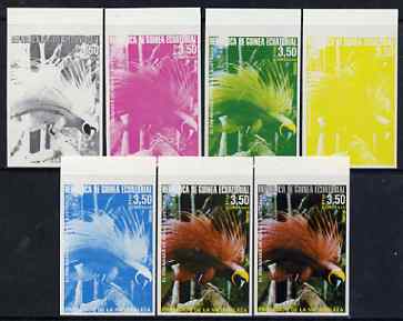 Equatorial Guinea 1974 Australian Birds 3P50 Raggis Bird of Paradise, the set of 7 imperf progressive proofs comprising the 4 individual colours, plus 2, 3 and all 4-colo..., stamps on birds, stamps on bird of paradise