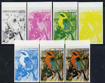 Equatorial Guinea 1974 Australian Birds 2P50 Momoto Becirrojo Bird, the set of 7 imperf progressive proofs comprising the 4 individual colours, plus 2, 3 and all 4-colour..., stamps on birds, stamps on 