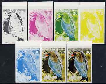 Equatorial Guinea 1974 Australian Birds 30P Pajaro Dolar Bird, the set of 7 imperf progressive proofs comprising the 4 individual colours, plus 2, 3 and all 4-colour comp..., stamps on birds, stamps on 