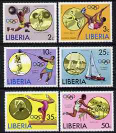 Liberia 1976 Montreal Olympics perf set of 6 unmounted mint, SG 1270-75, stamps on olympics, stamps on sport, stamps on weights, stamps on weight lifting, stamps on pole, stamps on pole vault, stamps on hammer, stamps on shot, stamps on sailing, stamps on gymnastics, stamps on hurdles, stamps on hurdling