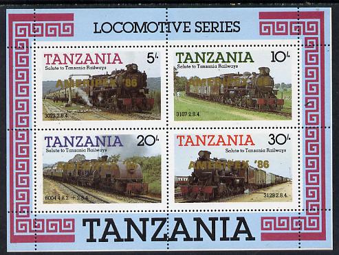Tanzania 1986 Railways m/sheet (as SG MS 434) overprinted 'AMERIPEX '86' in gold unmounted mint, stamps on postal, stamps on railways, stamps on stamp exhibitions