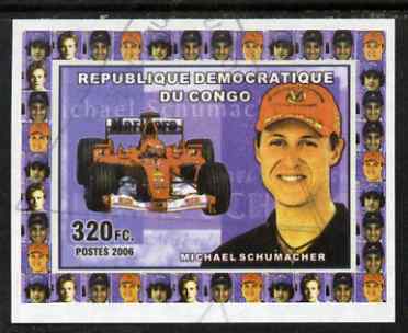 Congo 2006 Formula 1 Drivers #3 Michael Schumacher imperf sheetlet cto used, stamps on personalities, stamps on cars, stamps on  f1 , stamps on racing cars, stamps on ferrari