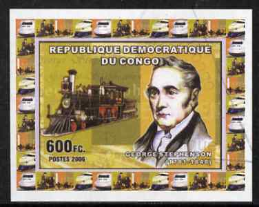 Congo 2006 George Stephenson #2 with early US Loco imperf sheetlet cto used, stamps on personalities, stamps on railways, stamps on 