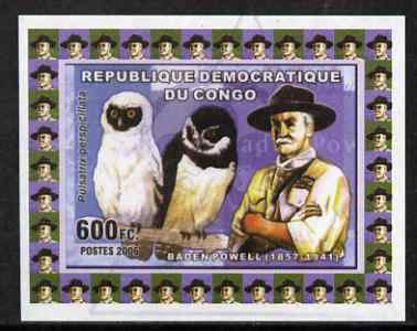 Congo 2006 Baden Powell #2 with Spectacled Owl imperf sheetlet cto used, stamps on personalities, stamps on scouts, stamps on birds, stamps on owls, stamps on birds of prey