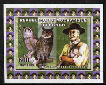 Congo 2006 Baden Powell #3 with Great Horned Owl imperf sheetlet cto used, stamps on personalities, stamps on scouts, stamps on birds, stamps on owls, stamps on birds of prey