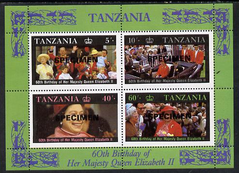 Tanzania 1987 Queen's 60th Birthday perf m/sheet opt'd SPECIMEN (as SG MS 521) unmounted mint, stamps on royalty     60th birthday