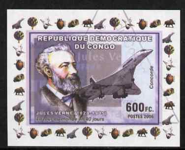 Congo 2006 Jules Verne #3 with Concorde imperf sheetlet cto used (Space Shuttle, Minerals, Balloons & Dinosaur in margin), stamps on personalities, stamps on science, stamps on sci-fi, stamps on literature, stamps on aviation, stamps on concorde