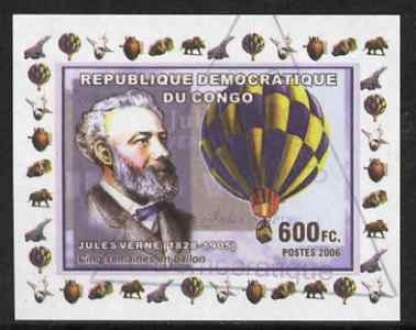 Congo 2006 Jules Verne #4 with Balloon imperf sheetlet cto used (Space Shuttle, Minerals, Concorde & Dinosaur in margin), stamps on personalities, stamps on science, stamps on sci-fi, stamps on literature, stamps on aviation, stamps on balloons