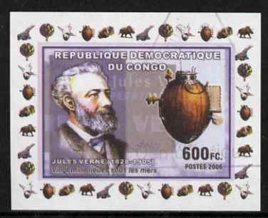 Congo 2006 Jules Verne #6 with the Naut1lus imperf sheetlet cto used (Space Shuttle, Minerals, Dinosaur, Concorde & Balloon in margin), stamps on personalities, stamps on science, stamps on sci-fi, stamps on literature, stamps on scuba