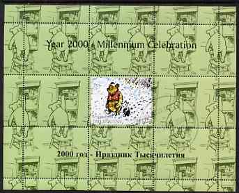 Tadjikistan 1999 Winnie the Pooh perf sheetlet #4 containing 1 stamp & 8 labels (green background colour), unmounted mint, stamps on bears, stamps on children, stamps on cartoons, stamps on owls, stamps on teddy bears, stamps on honey