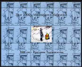 Tadjikistan 1999 Winnie the Pooh perf sheetlet #6 containing 1 stamp & 8 labels (blue background colour), unmounted mint, stamps on bears, stamps on children, stamps on cartoons, stamps on owls, stamps on teddy bears, stamps on honey