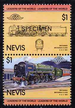 Nevis 1983 Locomotives #1 (Leaders of the World) Britannia $1 perf se-tenant pair overprinted SPECIMEN, unmounted mint as SG 144a, stamps on railways