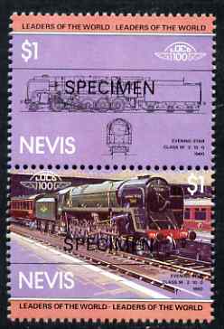 Nevis 1983 Locomotives #1 (Leaders of the World) Evening Star $1 perf se-tenant pair overprinted SPECIMEN, unmounted mint as SG 134a, stamps on railways
