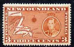 Newfoundland 1937 KG6 Coronation Map 3c die I (line perf 13.5 from 'long' KG6 Coronation set) unmounted mint, SG 258c, stamps on maps, stamps on  kg6 , stamps on 