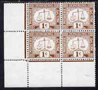 Hong Kong 1923-56 Postage Due 1c brown on chalky paper (Post Office Scales) unmounted mint corner block of 4 SG D1ab, stamps on legal, stamps on  law , stamps on 