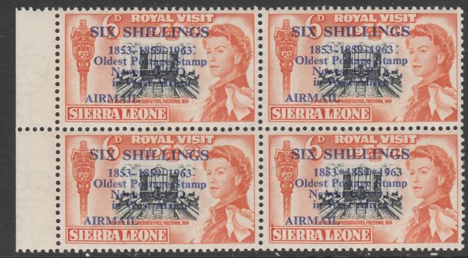 Sierra Leone 1963 Postal Commemoration 6s on 6d (House of Representatives) marginal block of 4, one stamp with 'asterisks' variety, unmounted mint SG 283b, stamps on constitutions  postal  varieties