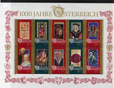 Austria 1996 Millenary of Otto III Charter in sheetlet of 10 unmounted mint, SG 2435a, stamps on stained glass, stamps on arms, stamps on heraldry, stamps on royalty, stamps on horses, stamps on jewelry