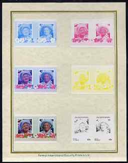 Tuvalu - Vaitupu 1985 Life & Times of HM Queen Mother (Leaders of the World) 65c set of 7 imperf progressive proof pairs comprising the 4 individual colours plus 2, 3 and all 4 colour composites mounted on special Format International cards (7 se-tenant proof pairs), stamps on royalty, stamps on queen mother