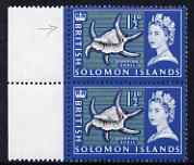 Solomon Islands 1965 Spider Conch 1.5d marginal pair, one stamp with large white flaw on finger unmounted mint, SG114var, stamps on marine life, stamps on shells