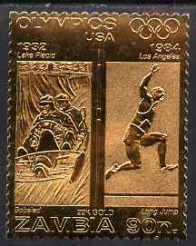 Zambia 1984 Los Angeles Olympic Games 90n perf embossed in 22k gold foil showing Bobsled & Long Jump unmounted mint, stamps on olympics, stamps on bobsled, stamps on long jump