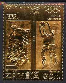 Zambia 1984 Los Angeles Olympic Games 90n perf embossed in 22k gold foil showing Ice Hockey & Basketball unmounted mint, stamps on olympics, stamps on ice hockey, stamps on basketball