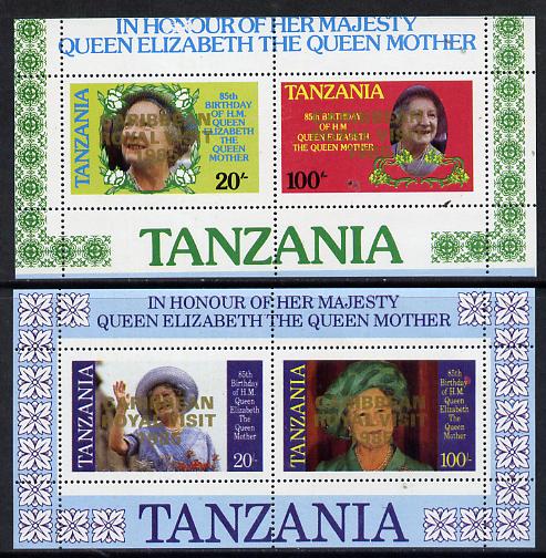 Tanzania 1985 Life & Times of HM Queen Mother perf proof set of 2 m/sheets each with 'Caribbean Royal Visit 1985' opt in gold (unissued) unmounted mint, stamps on royalty, stamps on royal visit , stamps on queen mother