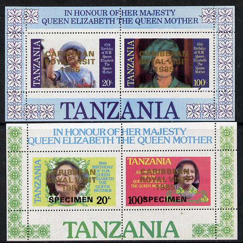 Tanzania 1985 Life & Times of HM Queen Mother perf proof set of 2 m/sheets with Caribbean Royal Visit 1985 opt in gold (unissued) additionally optd SPECIMEN unmounted min..., stamps on royalty, stamps on royal visit , stamps on queen mother