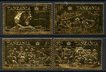 Tanzania 1987 Queen's 60th Birthday perf set of 4 values embossed in 22k gold foil unmounted mint (as SG 517-20), stamps on , stamps on  stamps on royalty     60th birthday