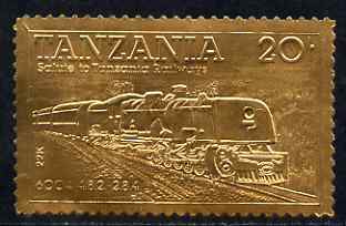 Tanzania 1985 Railways 20s (Loco 6004) embossed in 22k gold unmounted mint as SG 432, stamps on railways