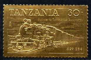 Tanzania 1985 Railways 30s (Loco 3129) embossed in 22k gold unmounted mint as SG 433, stamps on railways