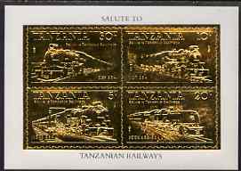 Tanzania 1985 Railways perf m/sheet embossed in 22k gold unmounted mint as SG MS 434, stamps on railways