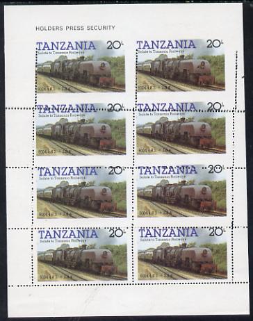Tanzania 1985 Locomotive 6004 20s value (SG 432) unmounted mint sheetlet of 8 part imperf and part with misplaced perforations, a spectacular item, stamps on railways, stamps on big locos