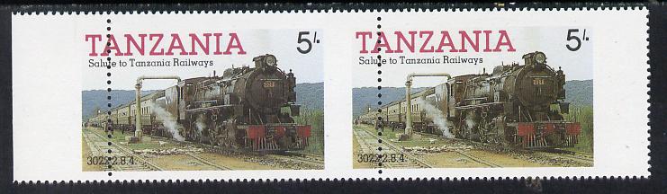 Tanzania 1985 Locomotive 3022 5s value (SG 430) unmounted mint horiz pair with vert perfs shifted 8mm, stamps on railways