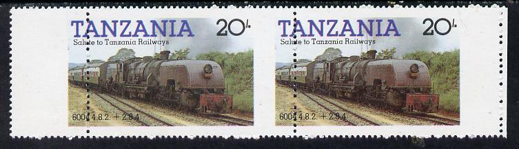 Tanzania 1985 Locomotive 6004 20s value (SG 432) unmounted mint horiz pair with vert perfs shifted 8mm, stamps on railways, stamps on big locos